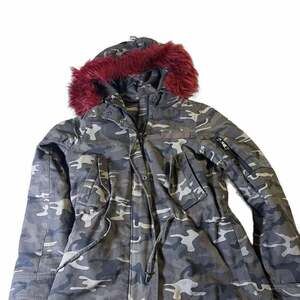 Camo Parka Jacket with Red Faux Fur Trim Hood - Women's Winter Coat